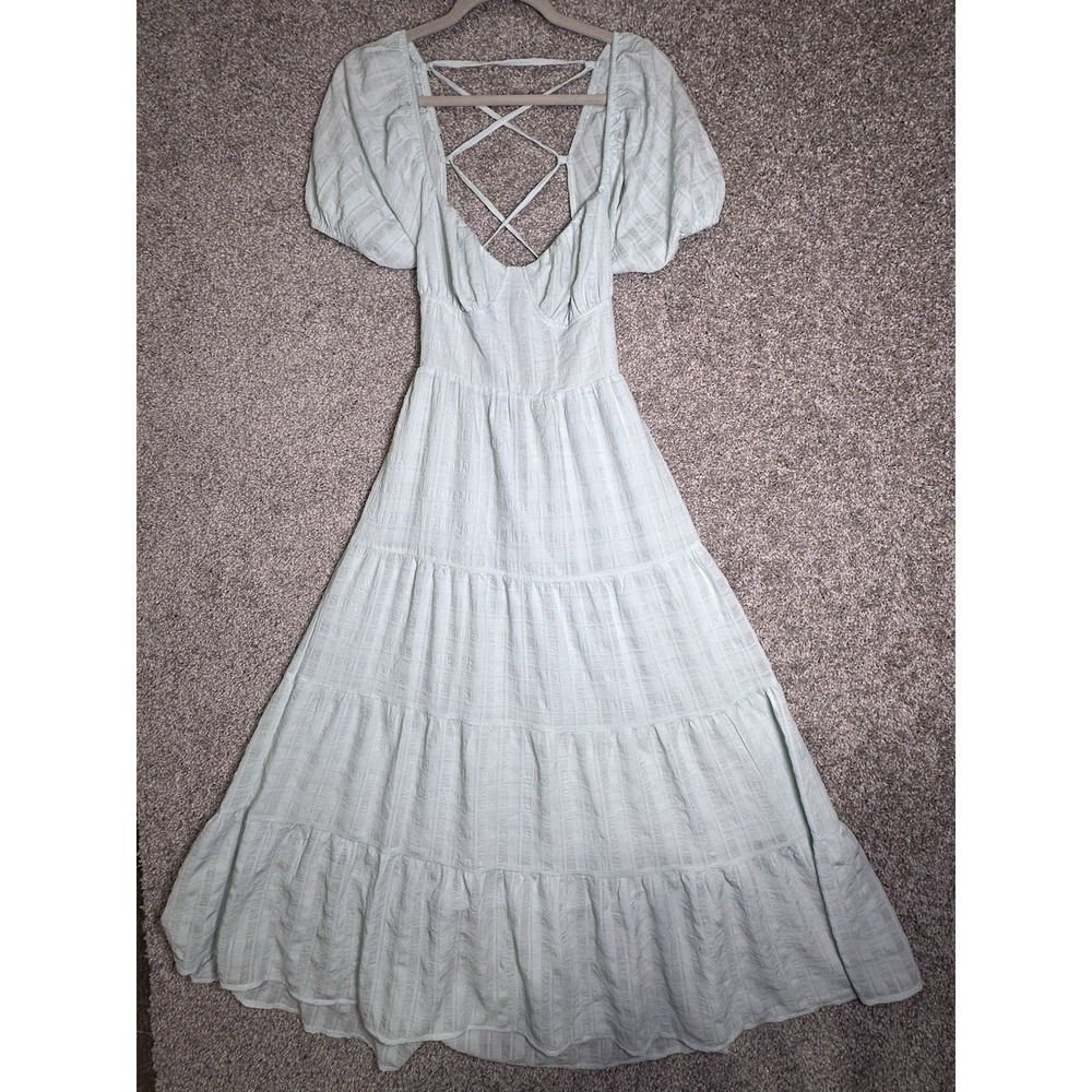 Forever 21 Mint Green Lace Back Tiered Midi Dress Puff Sleeve Size M